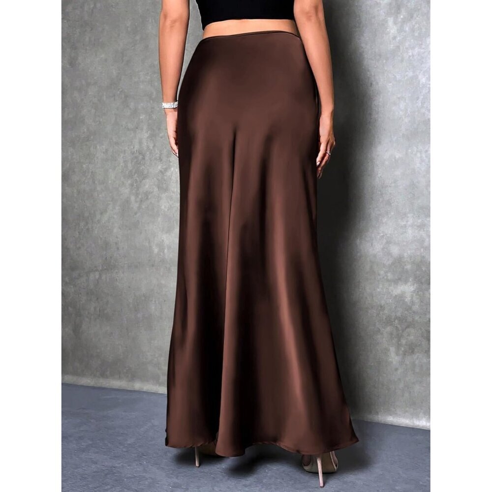 Elegant Satin Maxi Skirt for Women High Waisted Deep Brown Silk Dressy Casul - Picture 6 of 7